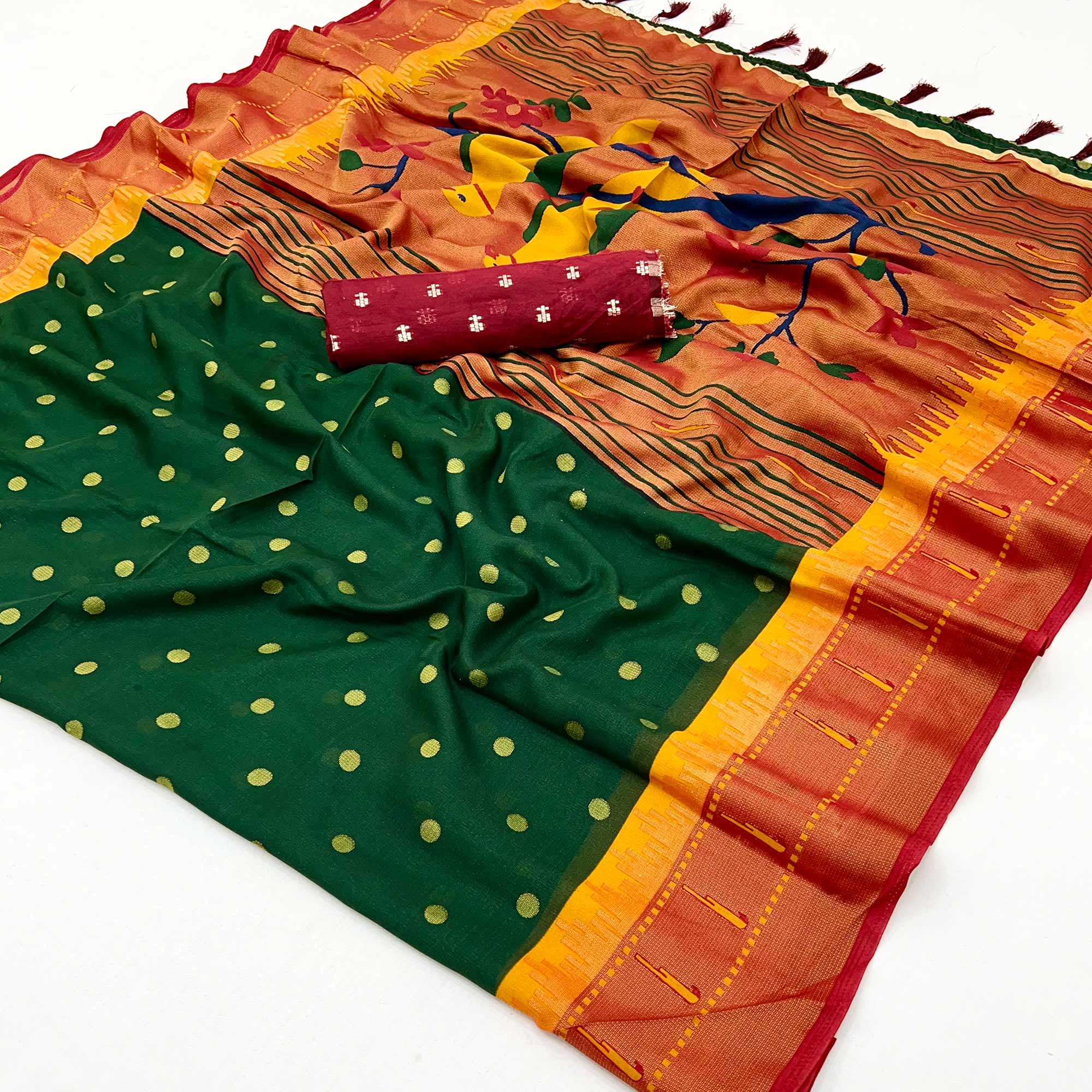 Green Woven Brasso Paithani Saree With Tassels