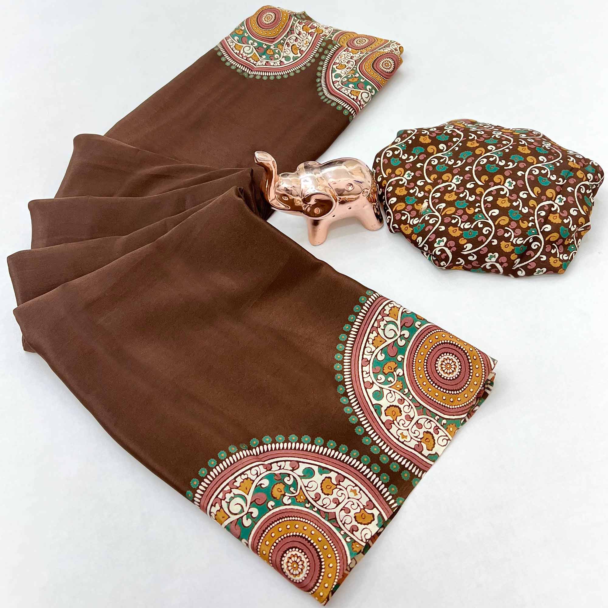 Elegant Brown Satin Saree with Ajrakh Inspired Floral Prints