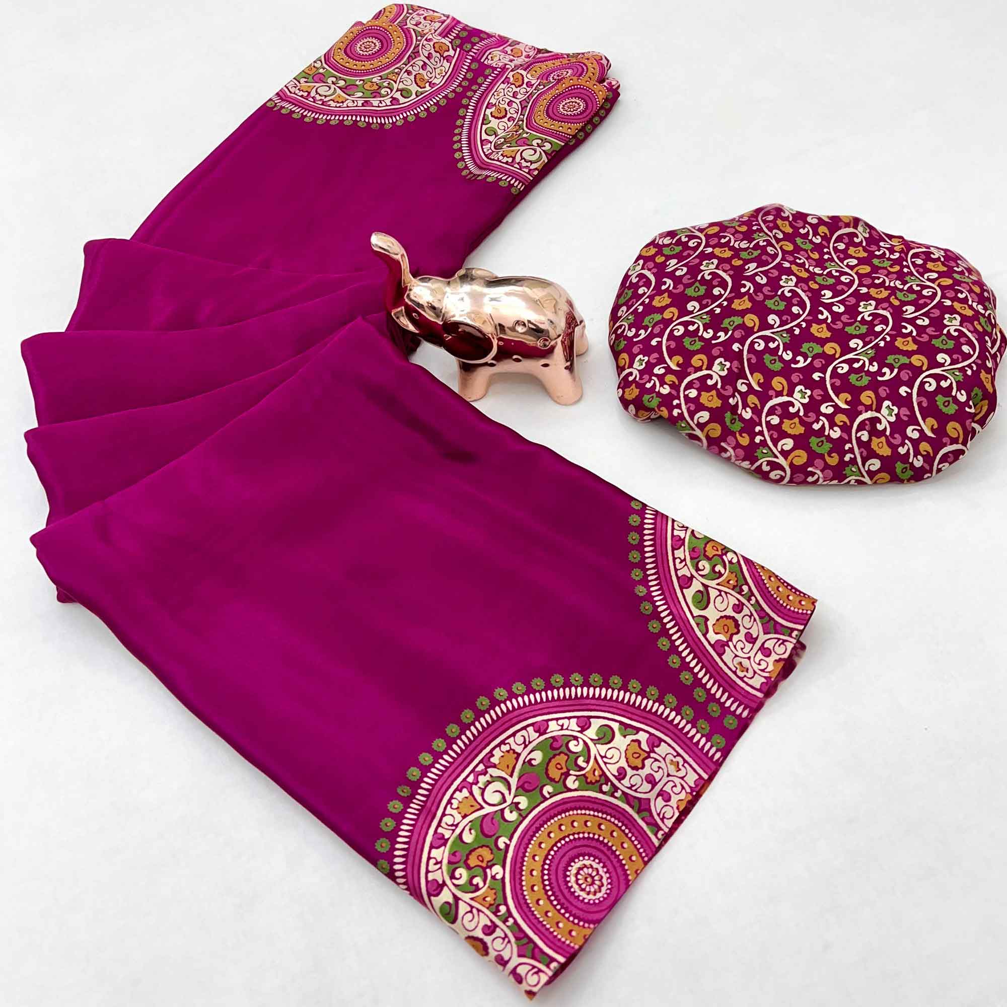 Elegant Pink Satin Saree with Ajrakh Inspired Floral Prints