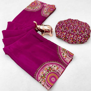 Elegant Pink Satin Saree with Ajrakh Inspired Floral Prints
