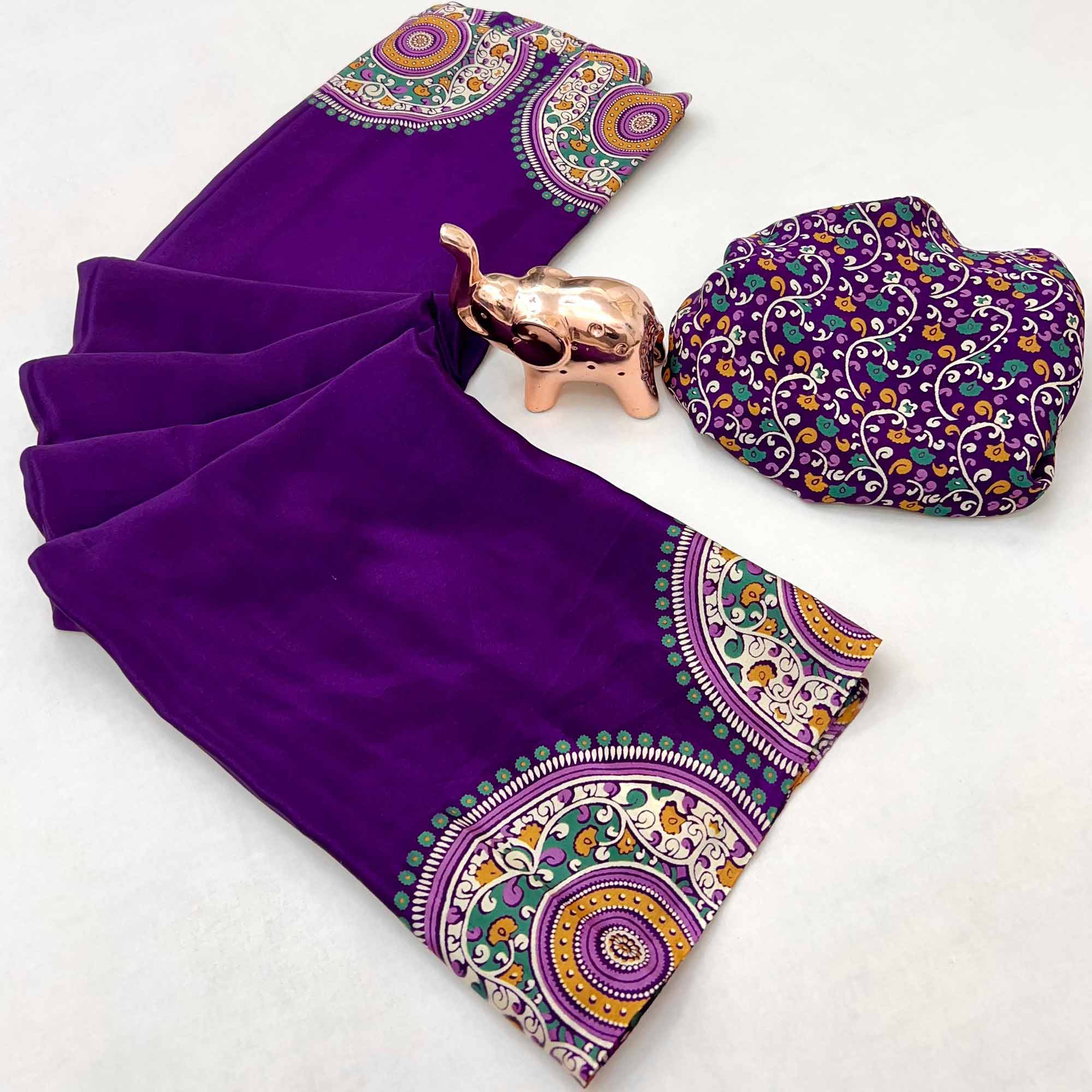 Elegant Purple Satin Saree with Ajrakh Inspired Floral Prints