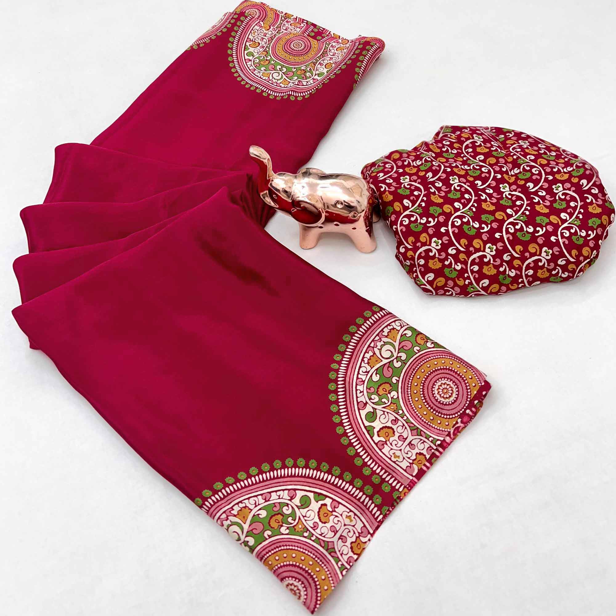 Elegant Red Satin Saree with Ajrakh Inspired Floral Prints