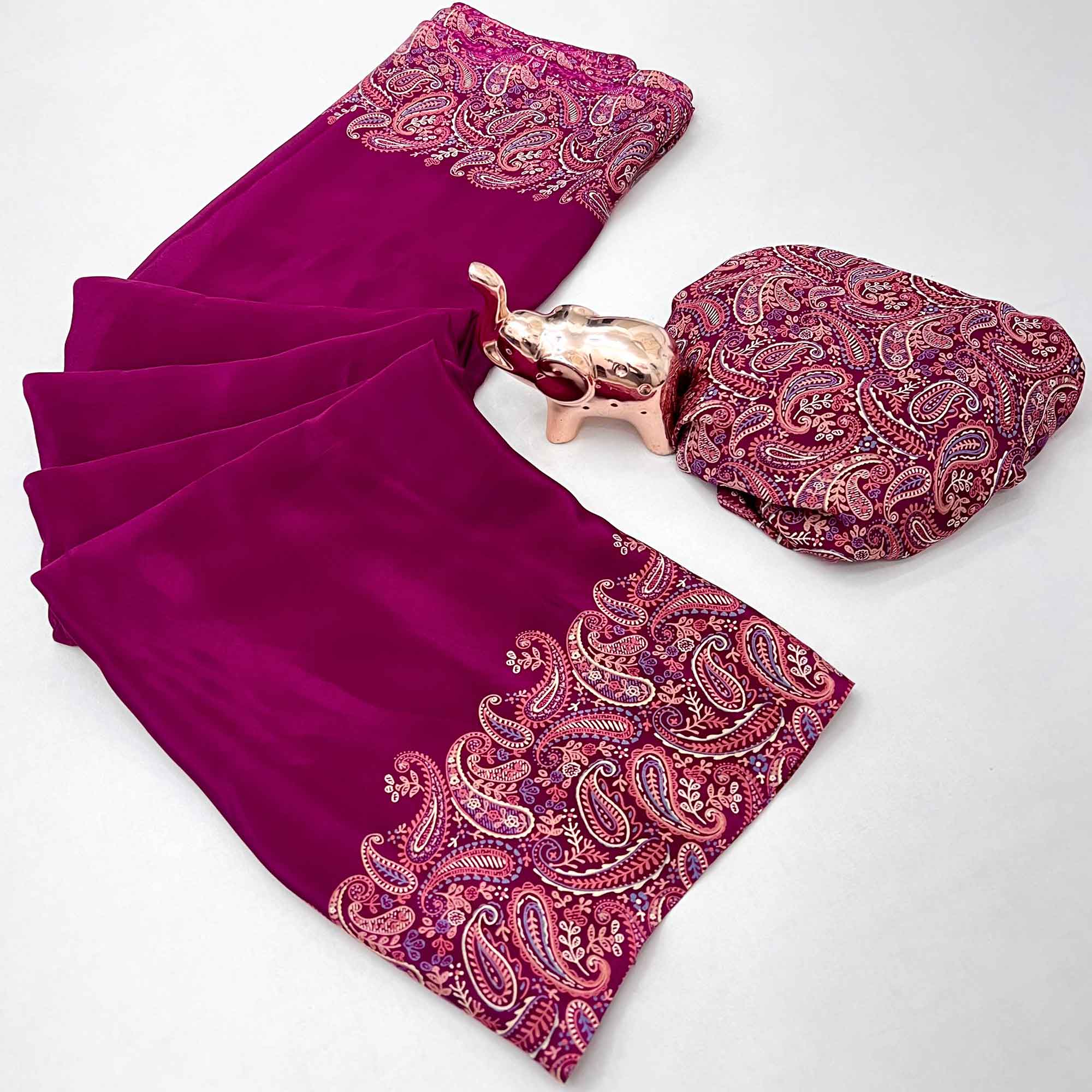 Classic Pink Satin Saree Featuring Traditional Ajrakh Paisley Printed Pattern