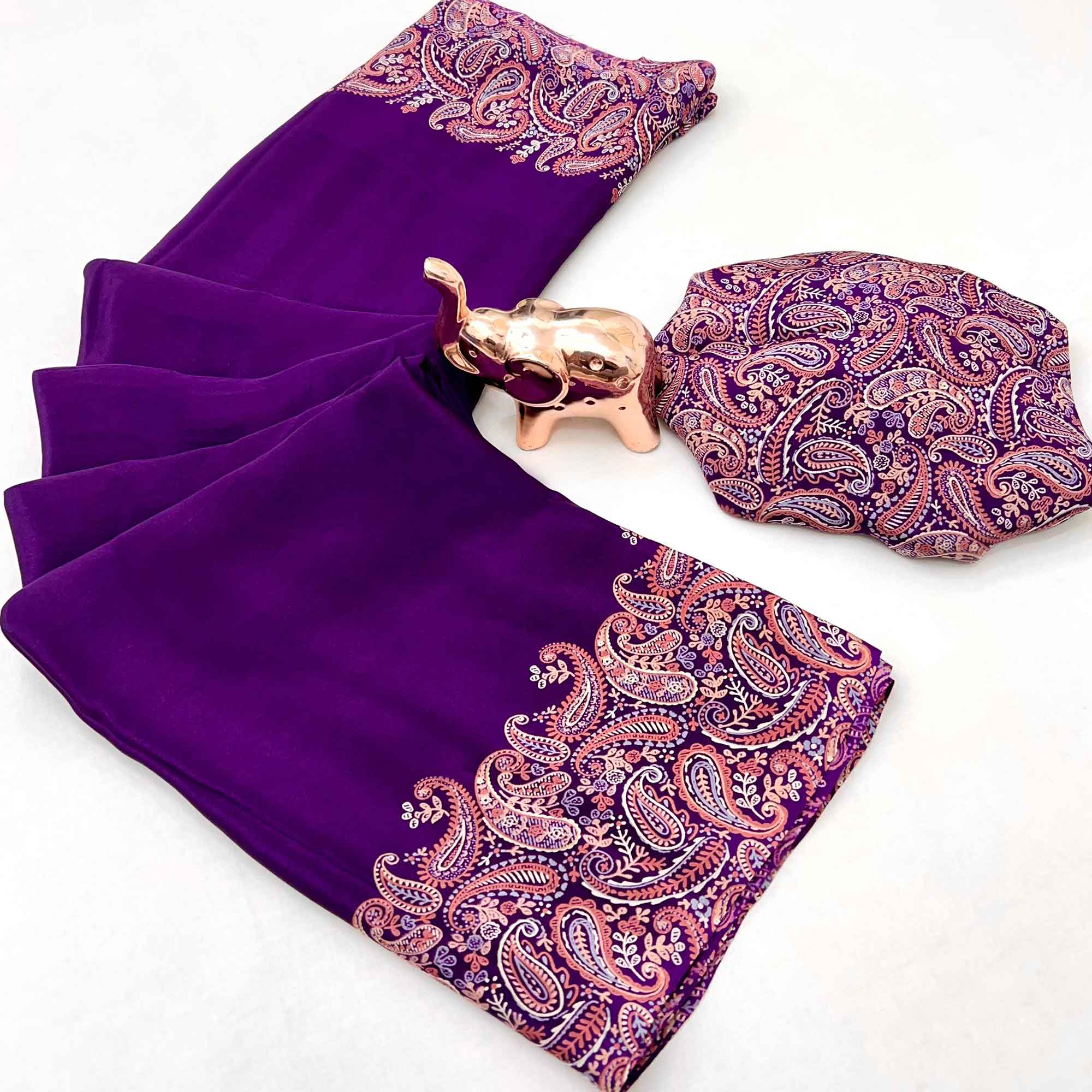 Classic Purple Satin Saree Featuring Traditional Ajrakh Paisley Printed Pattern