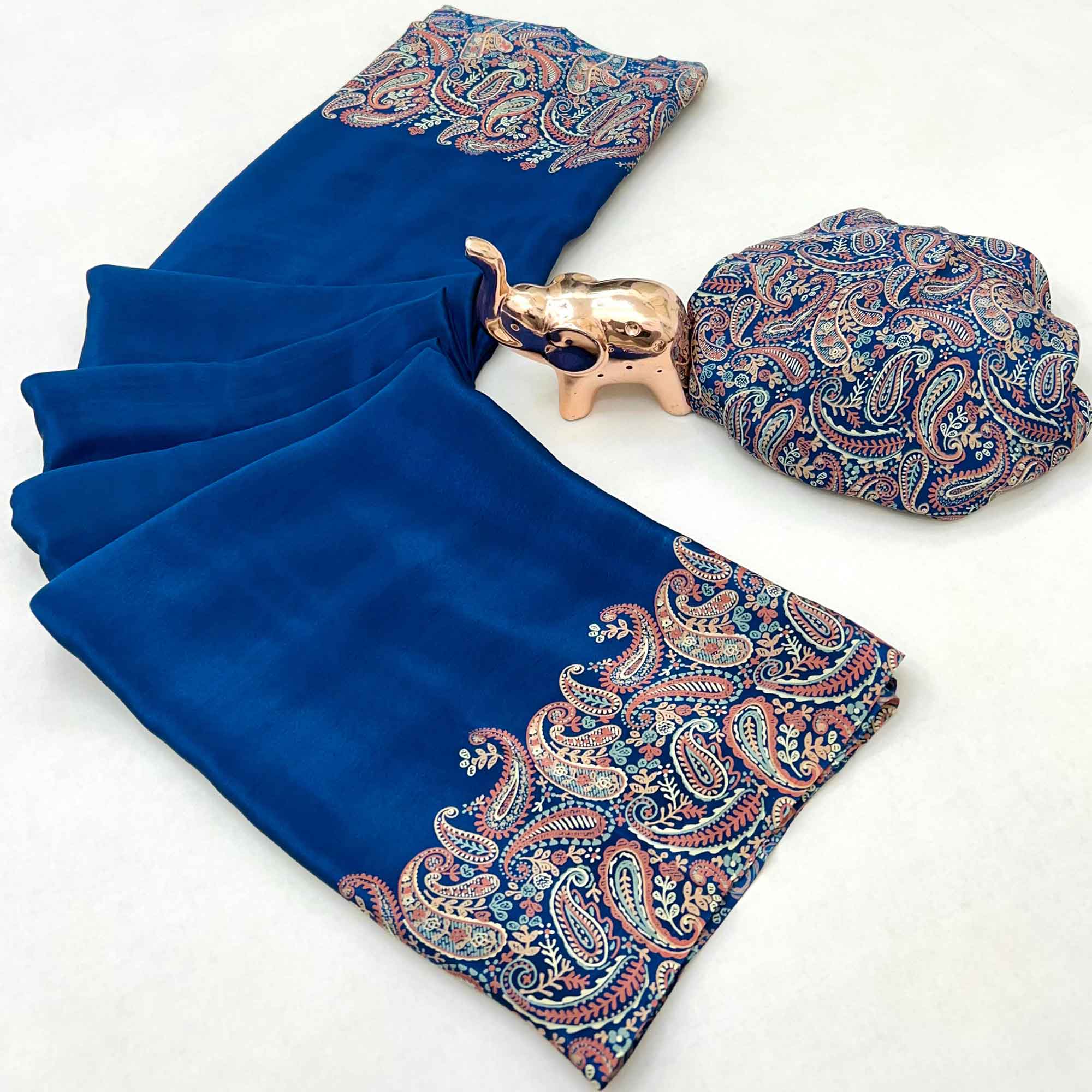 Classic Royal Blue Satin Saree Featuring Traditional Ajrakh Paisley Printed Pattern