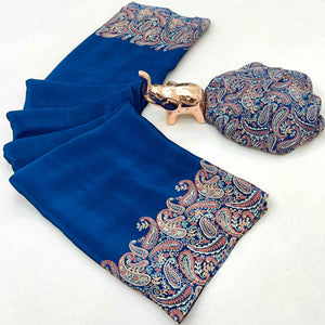 Classic Royal Blue Satin Saree Featuring Traditional Ajrakh Paisley Printed Pattern
