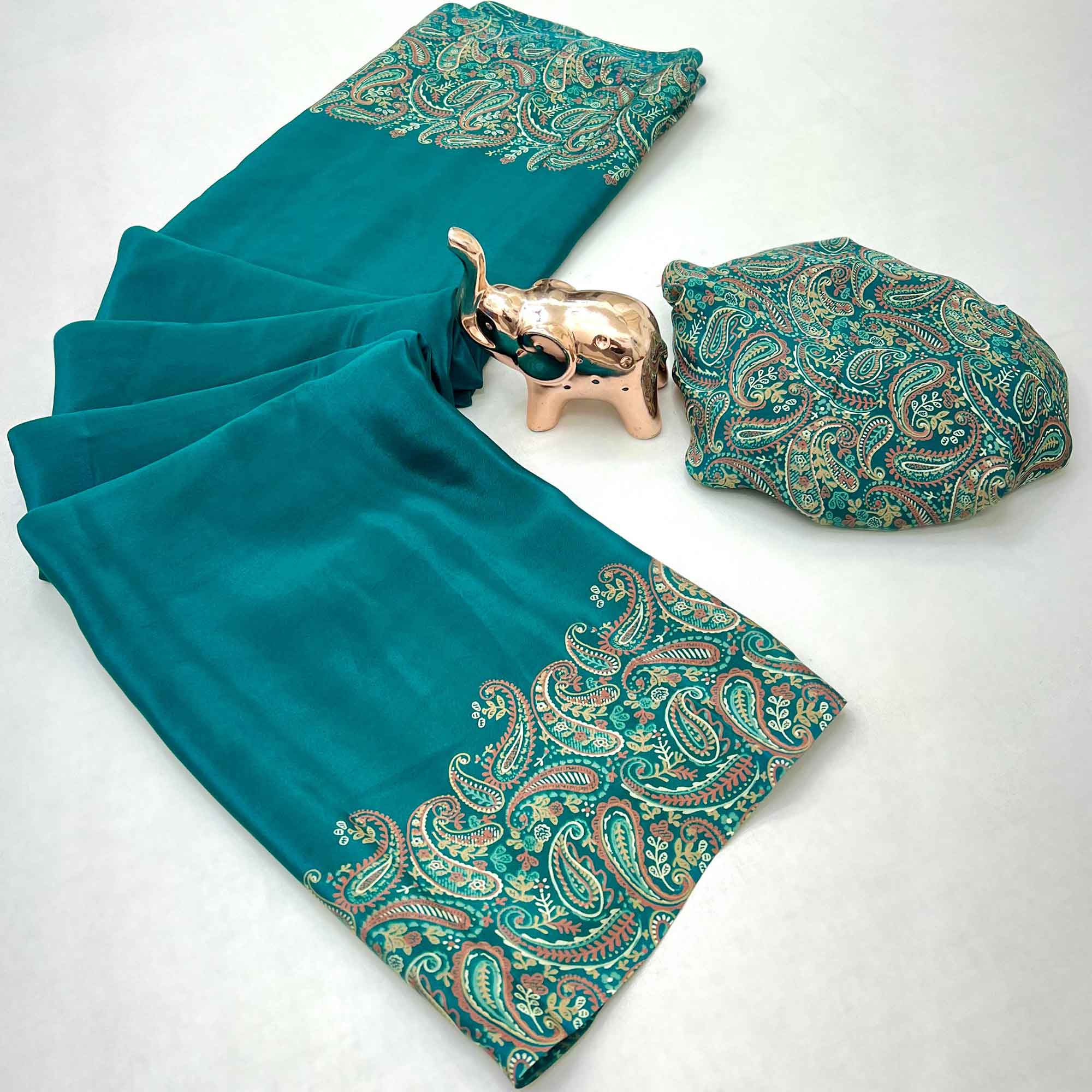 Classic Teal Satin Saree Featuring Traditional Ajrakh Paisley Printed Pattern
