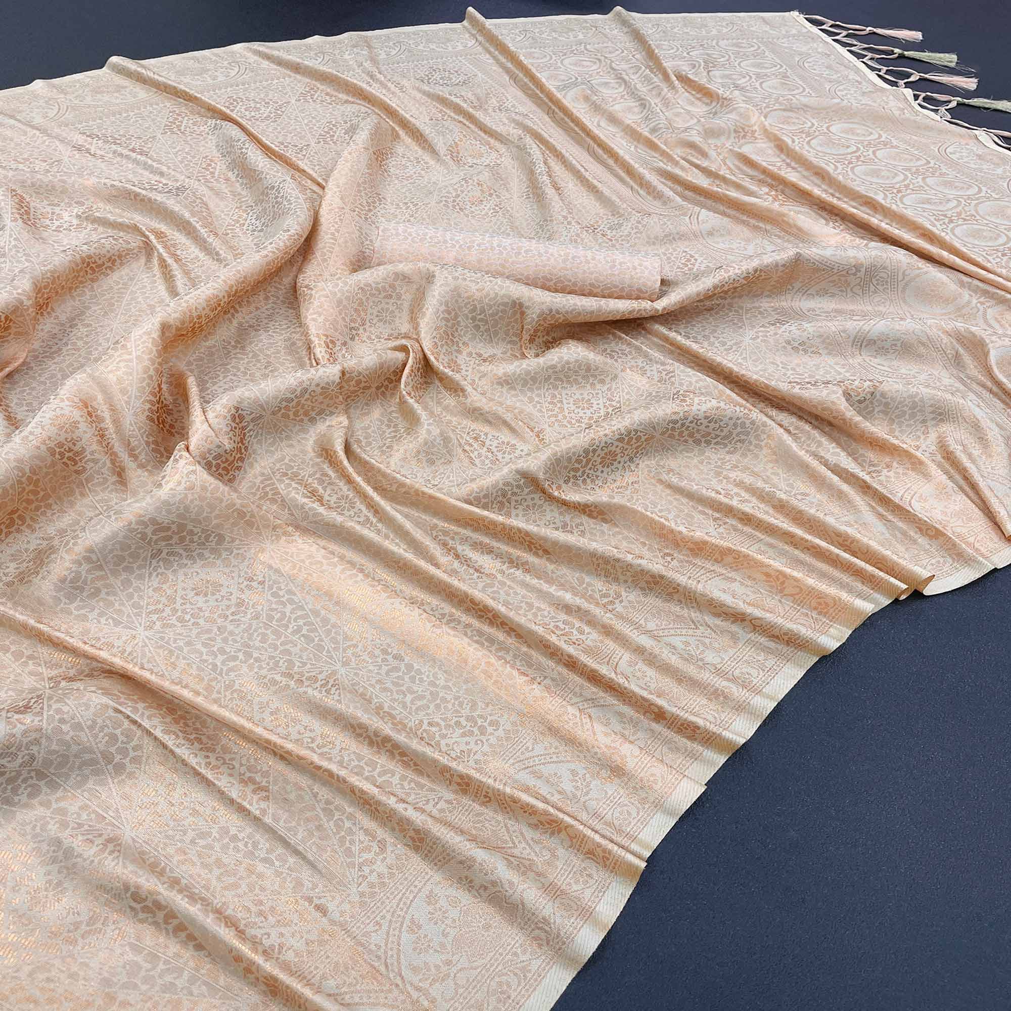 Cream Floral Woven Mysore Silk Saree With Tassels