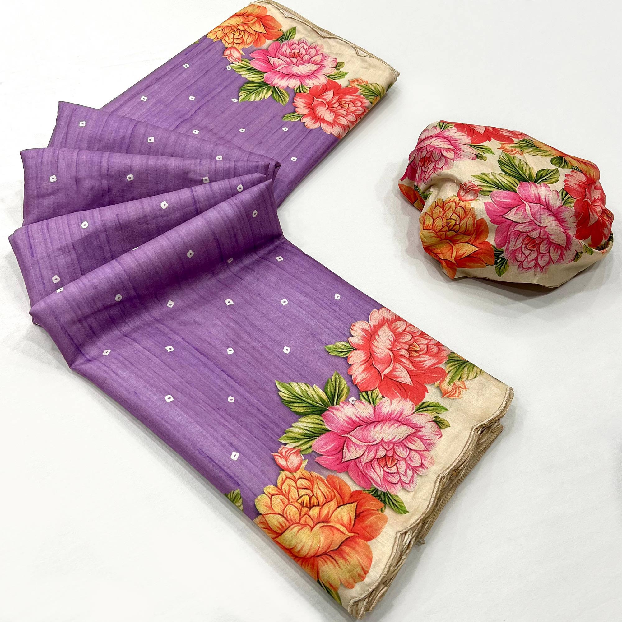 Lavender Floral Digital Printed Tussar Silk Saree