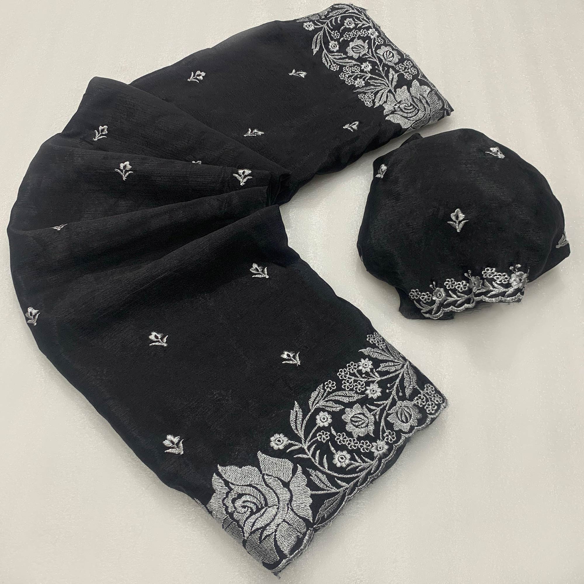 Black Floral Zari Embroidered Chinon Silk Saree