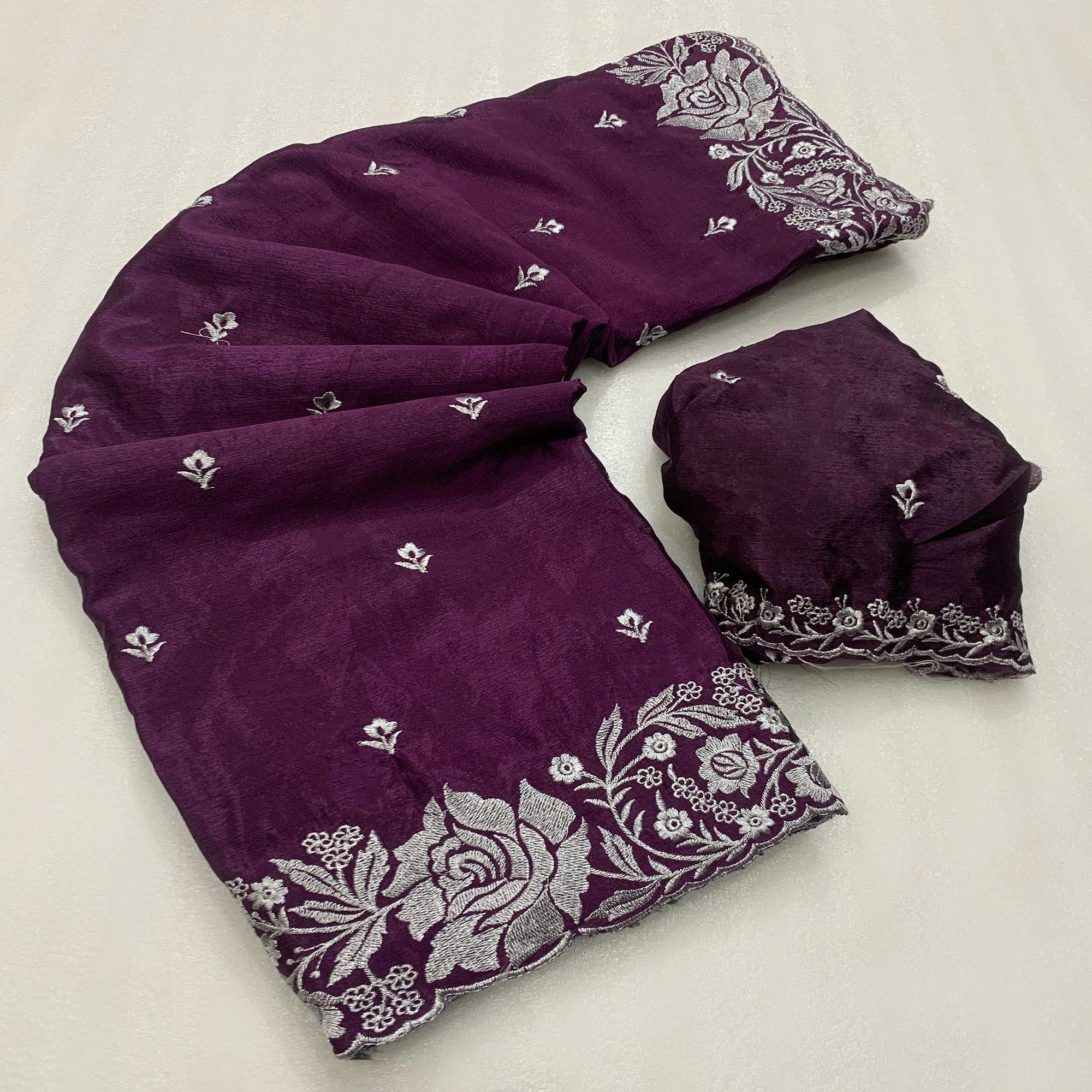 Purple Floral Zari Embroidered Chinon Silk Saree