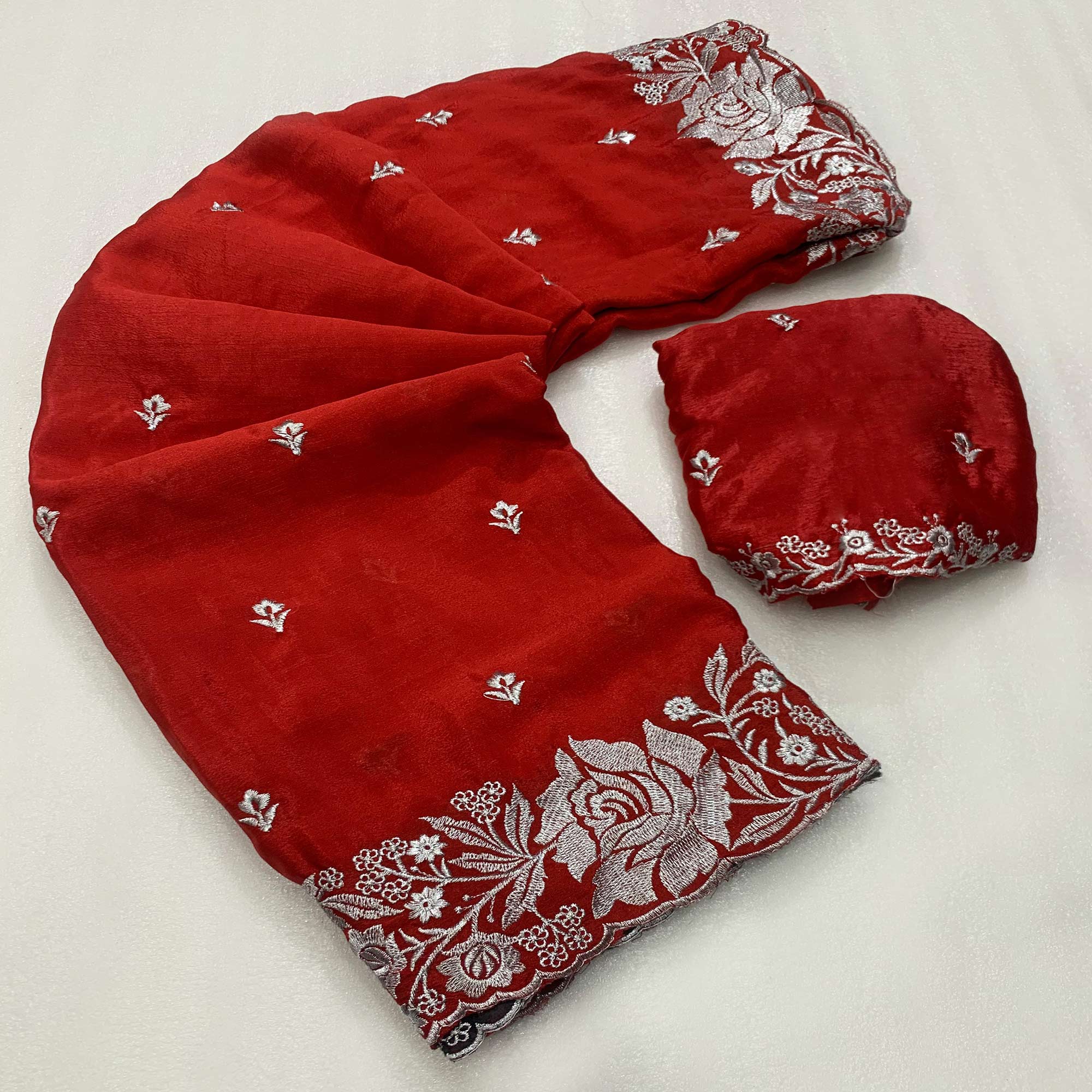 Red Floral Zari Embroidered Chinon Silk Saree