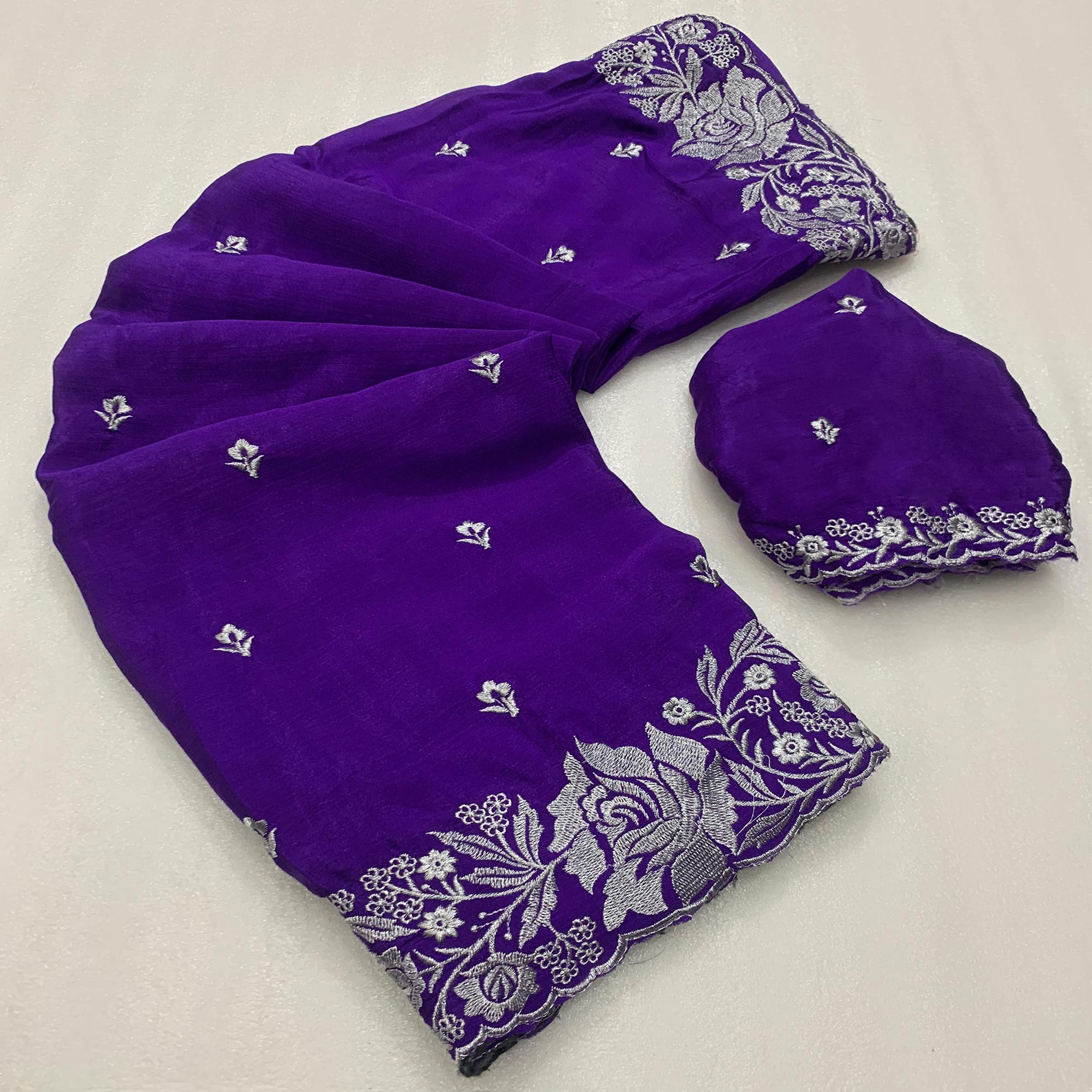 Violet Floral Zari Embroidered Chinon Silk Saree