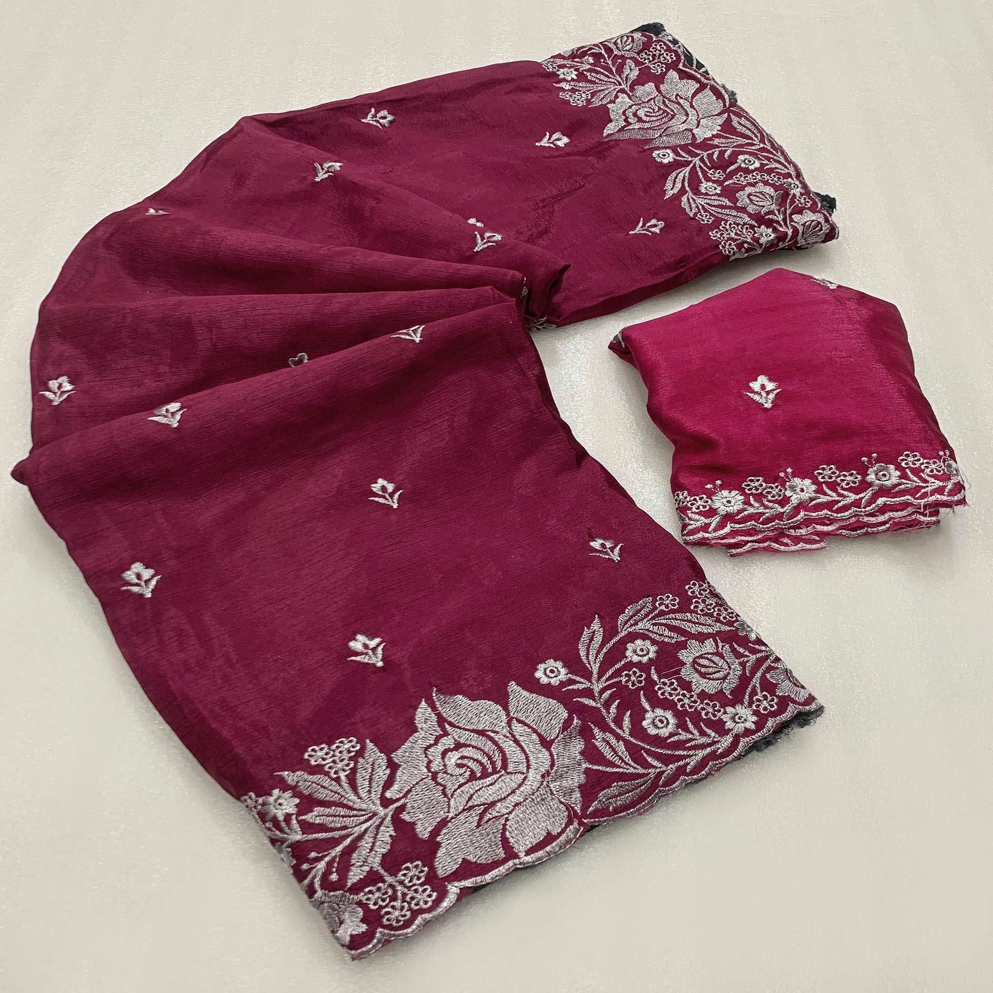 Wine Floral Zari Embroidered Chinon Silk Saree