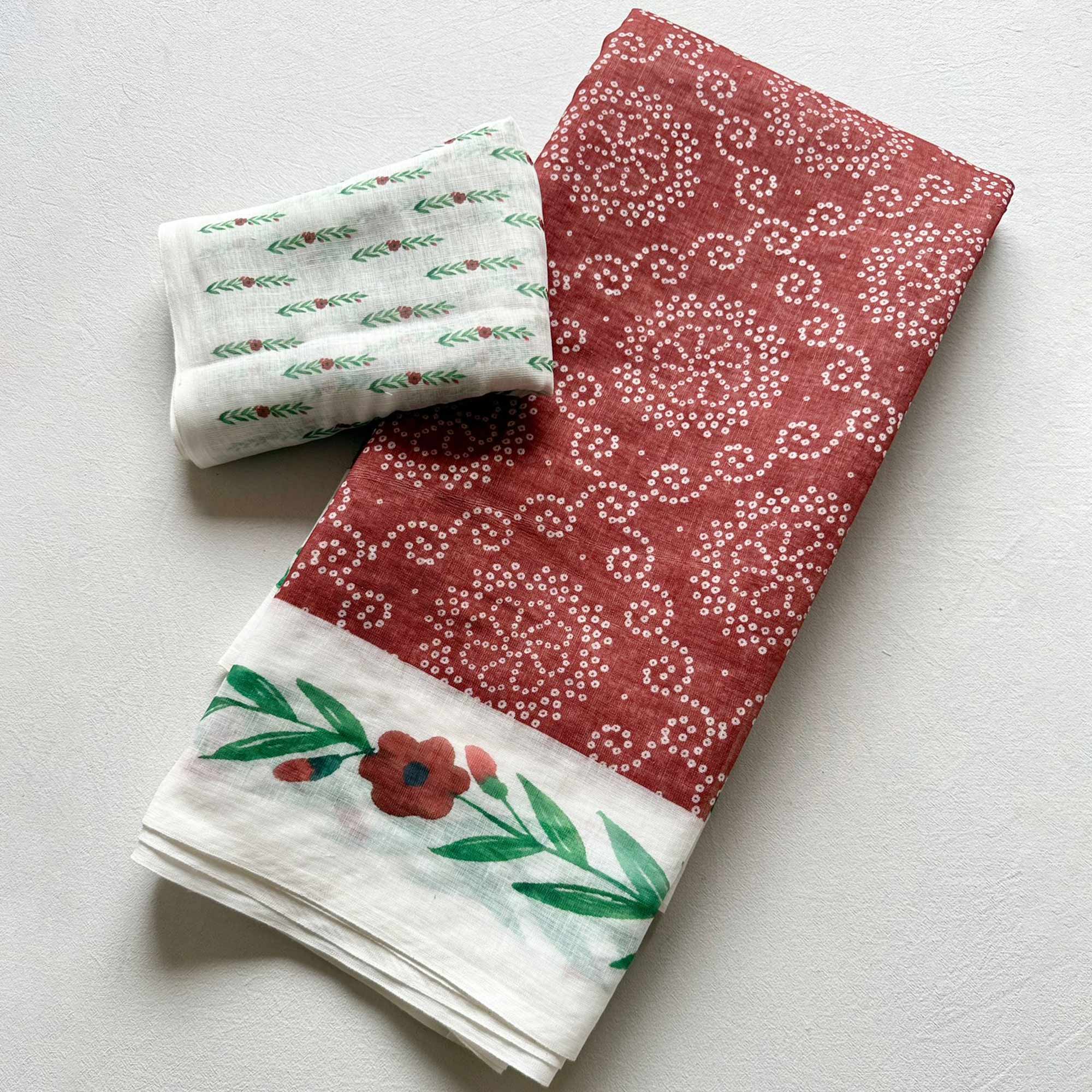 Chic Rust Linen Saree Featuring Bandhani & Floral Digital Prints