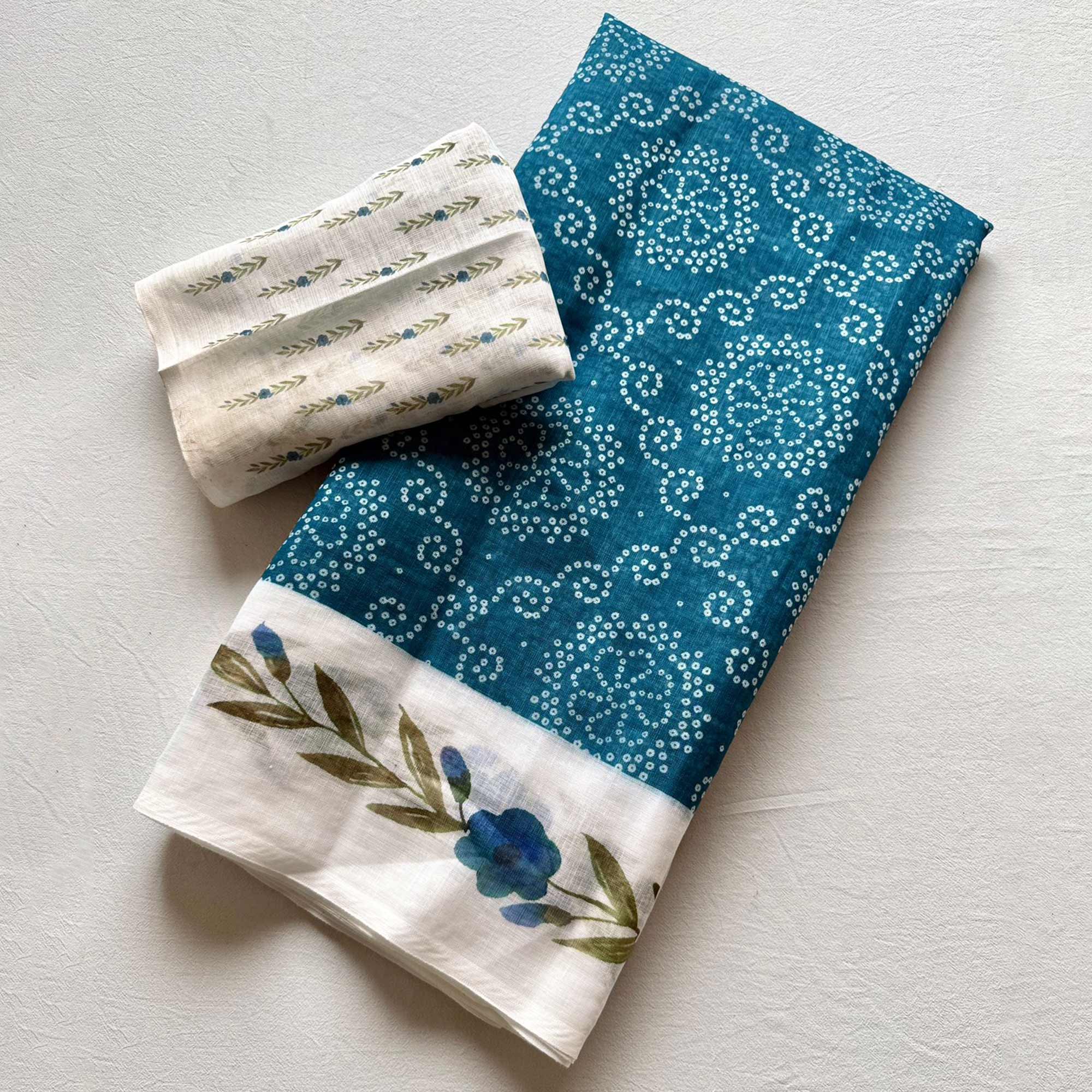 Chic Teal Linen Saree Featuring Bandhani & Floral Digital Prints