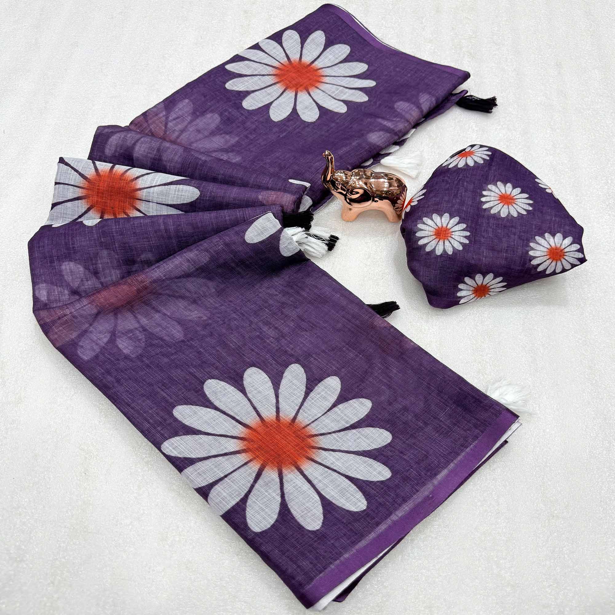 Sophisticated Purple Floral Digital Printed Linen Silk Saree With Tassel Pallu