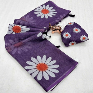 Sophisticated Purple Floral Digital Printed Linen Silk Saree With Tassel Pallu