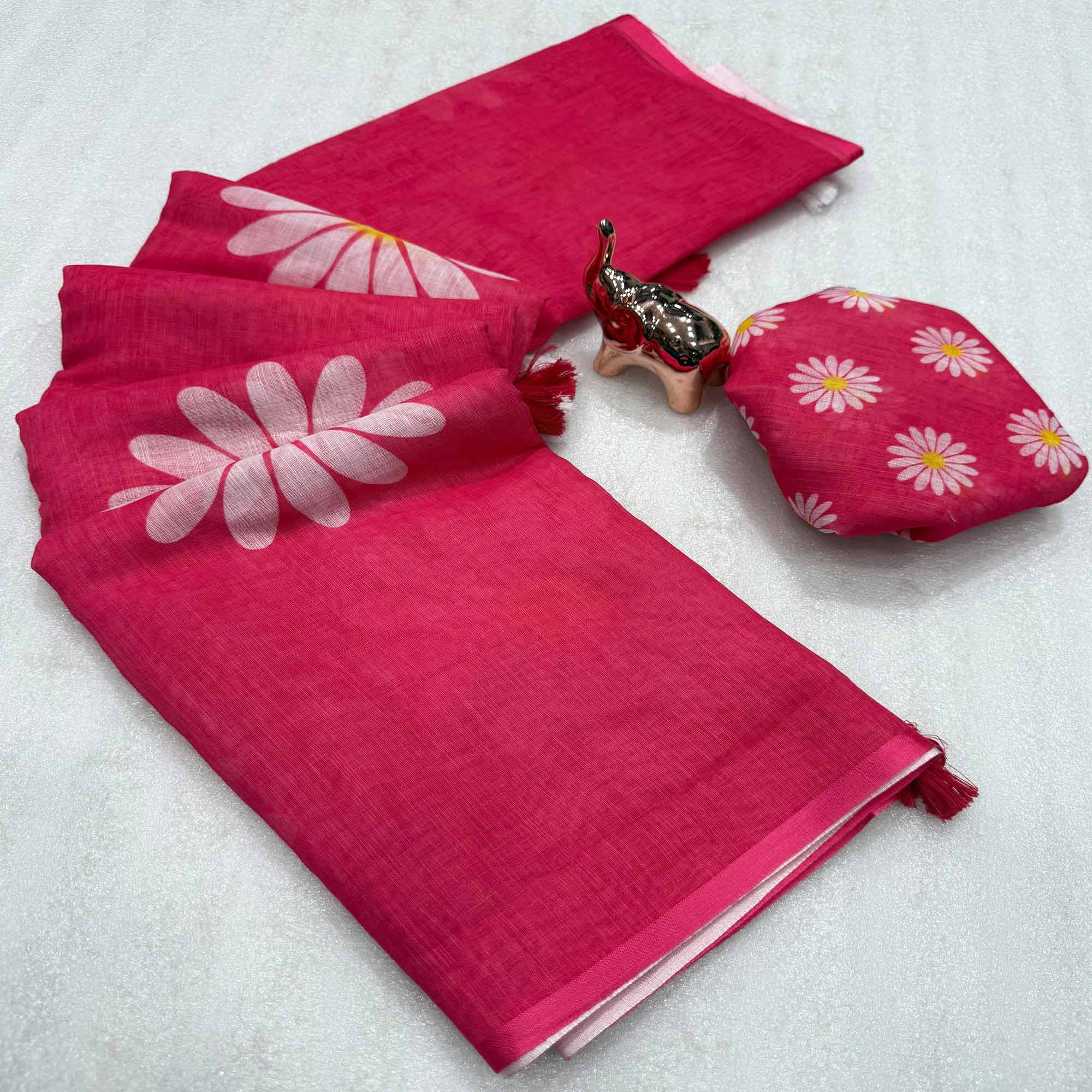 Sophisticated Rani Pink Floral Digital Printed Linen Silk Saree With Tassel Pallu