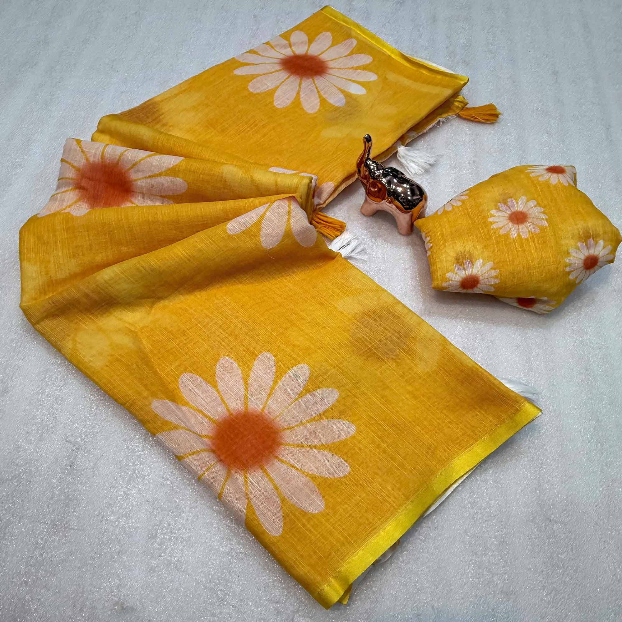 Sophisticated Yellow Floral Digital Printed Linen Silk Saree With Tassel Pallu