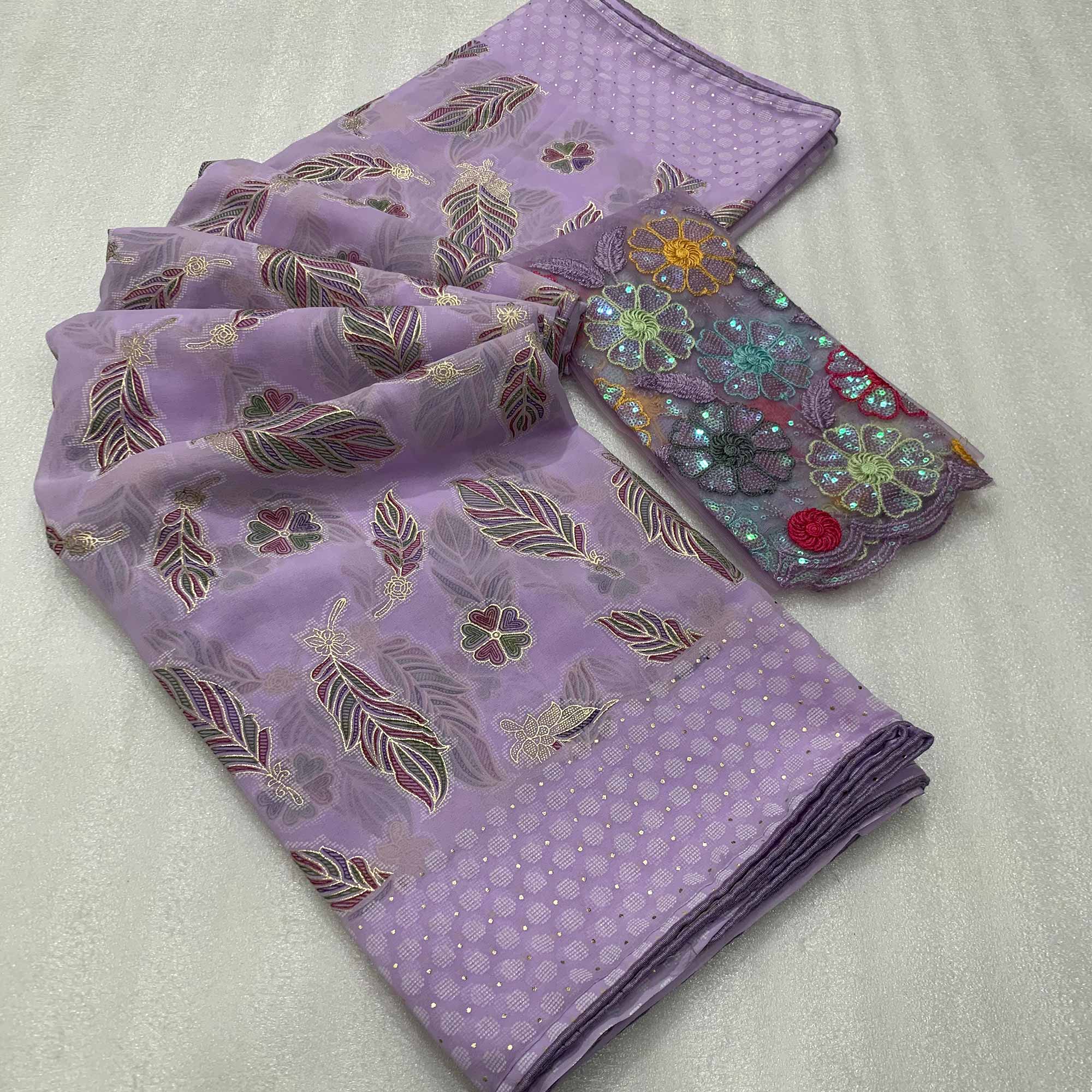 Lavender Floral Foil Printed Georgette Saree