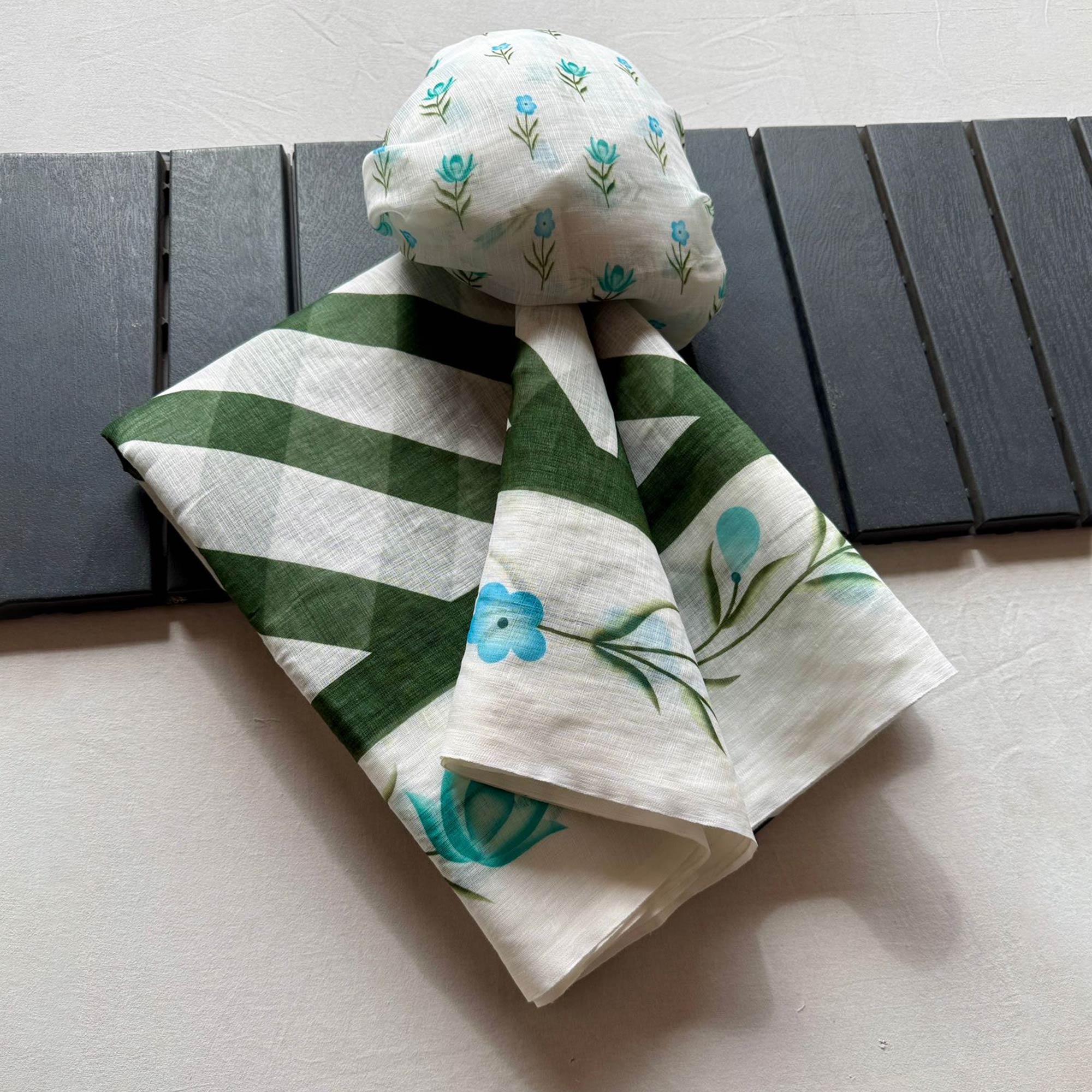 Stylish Green Digital Striped Printed Linen Saree With Delicate Floral Designs