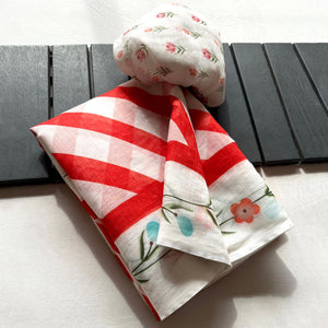 Stylish Red Digital Striped Printed Linen Saree With Delicate Floral Designs