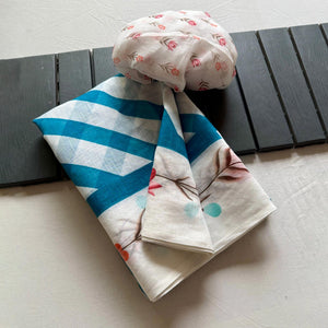 Stylish Teal Blue Digital Striped Printed Linen Saree With Delicate Floral Designs