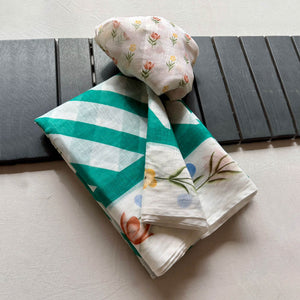 Stylish Turquoise Digital Striped Printed Linen Saree With Delicate Floral Designs