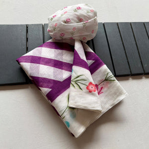 Stylish Wine Digital Striped Printed Linen Saree With Delicate Floral Designs