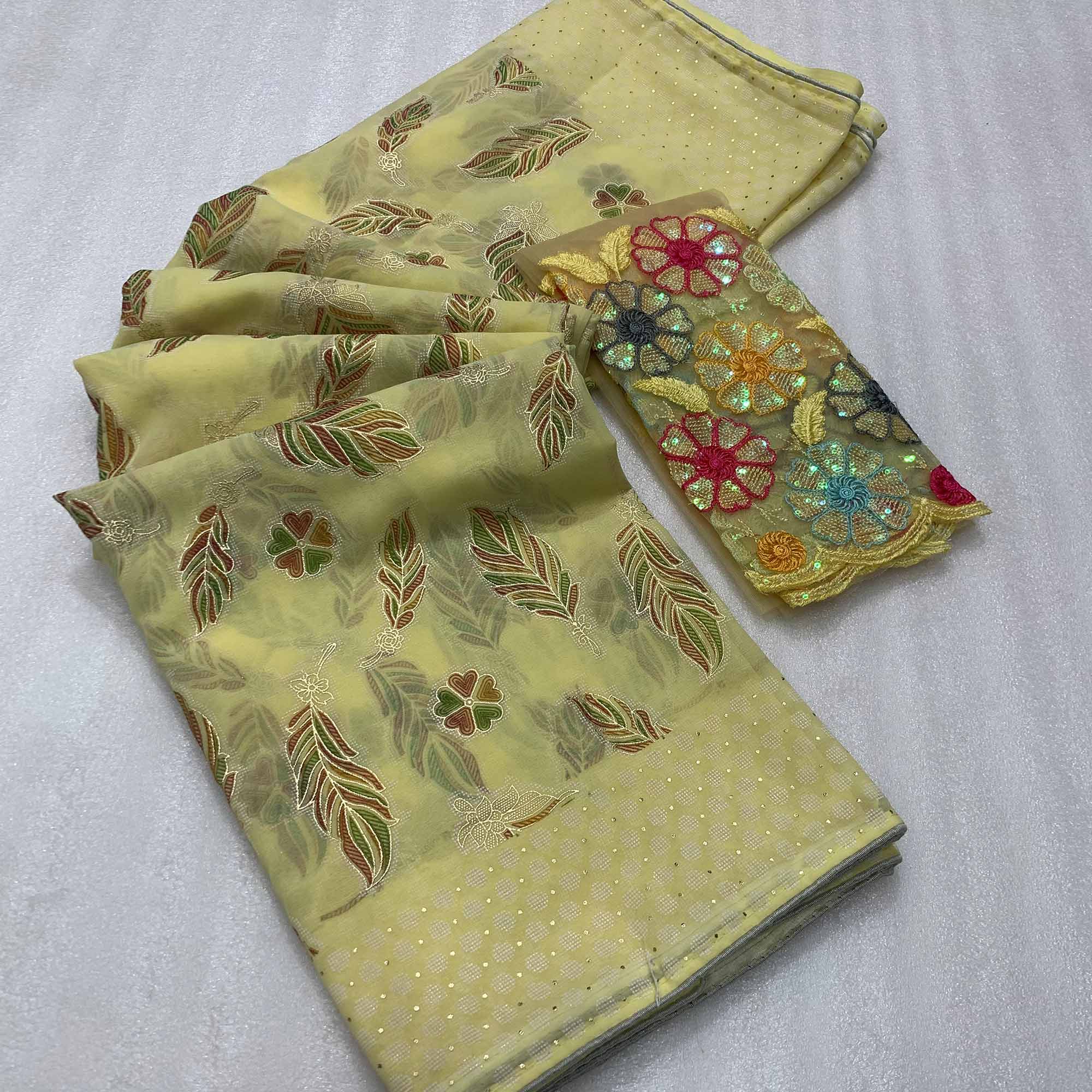 Light Yellow Floral Foil Printed Georgette Saree