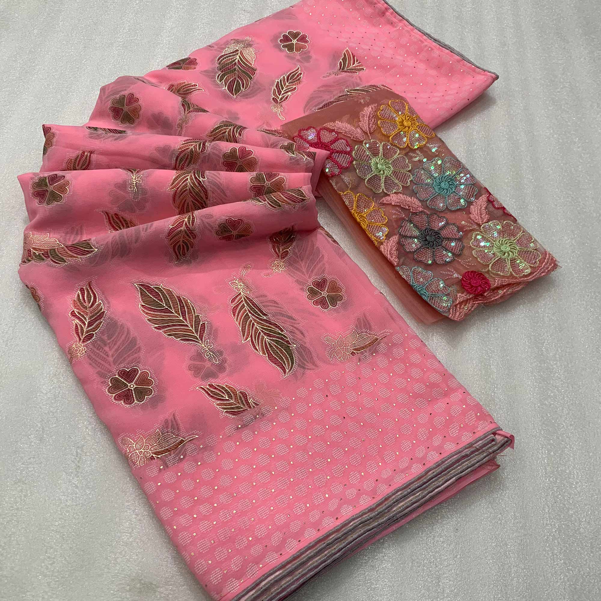 Pink Floral Foil Printed Georgette Saree