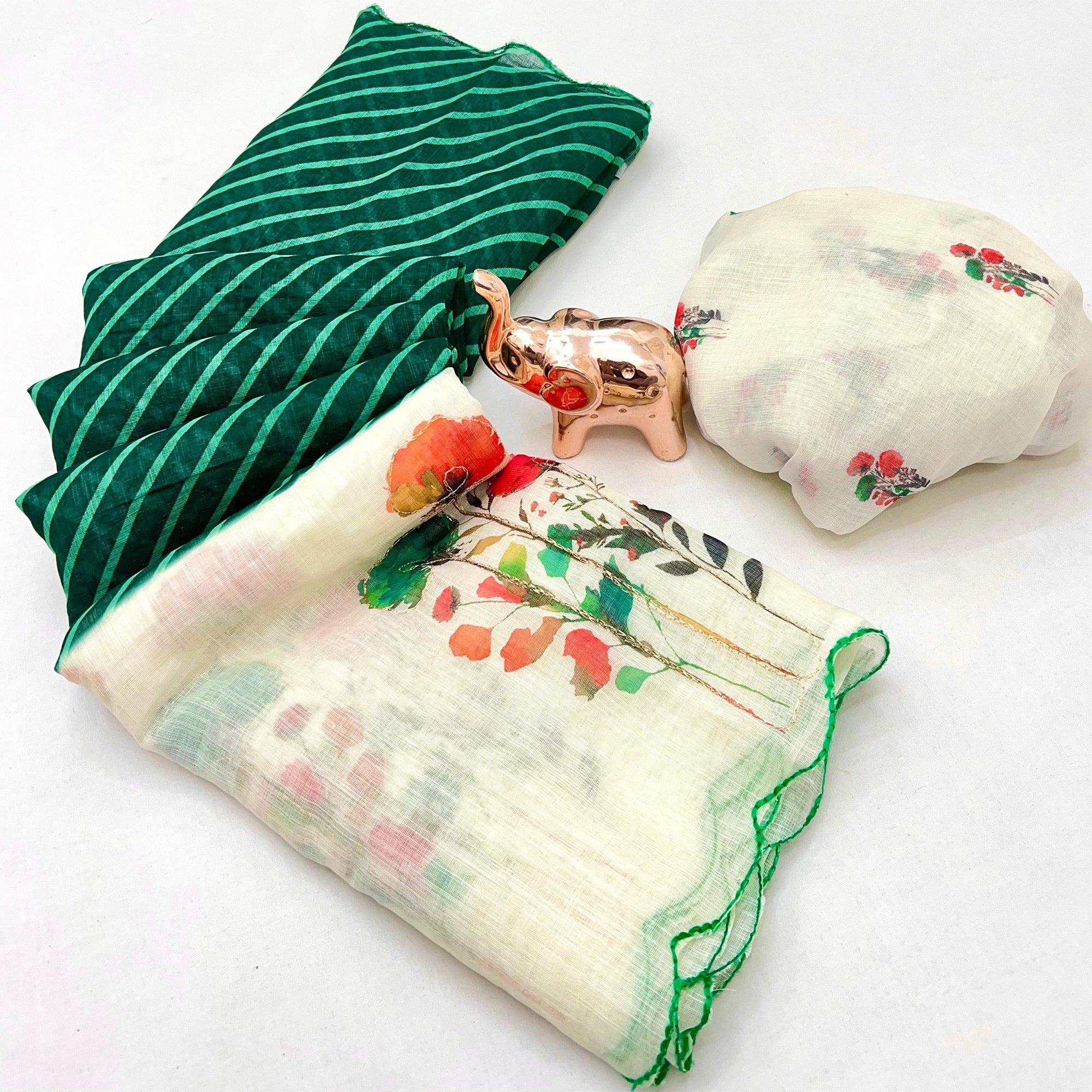 Sophisticated Green Floral & Striped Digital Printed Linen Saree With Artistic Cutwork Border