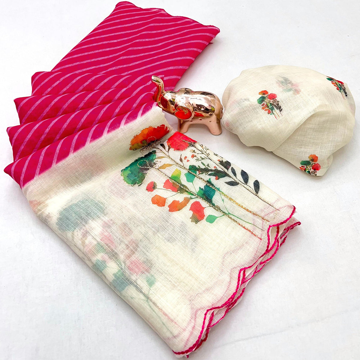 Sophisticated Pink Floral & Striped Digital Printed Linen Saree With Artistic Cutwork Border - Image 1