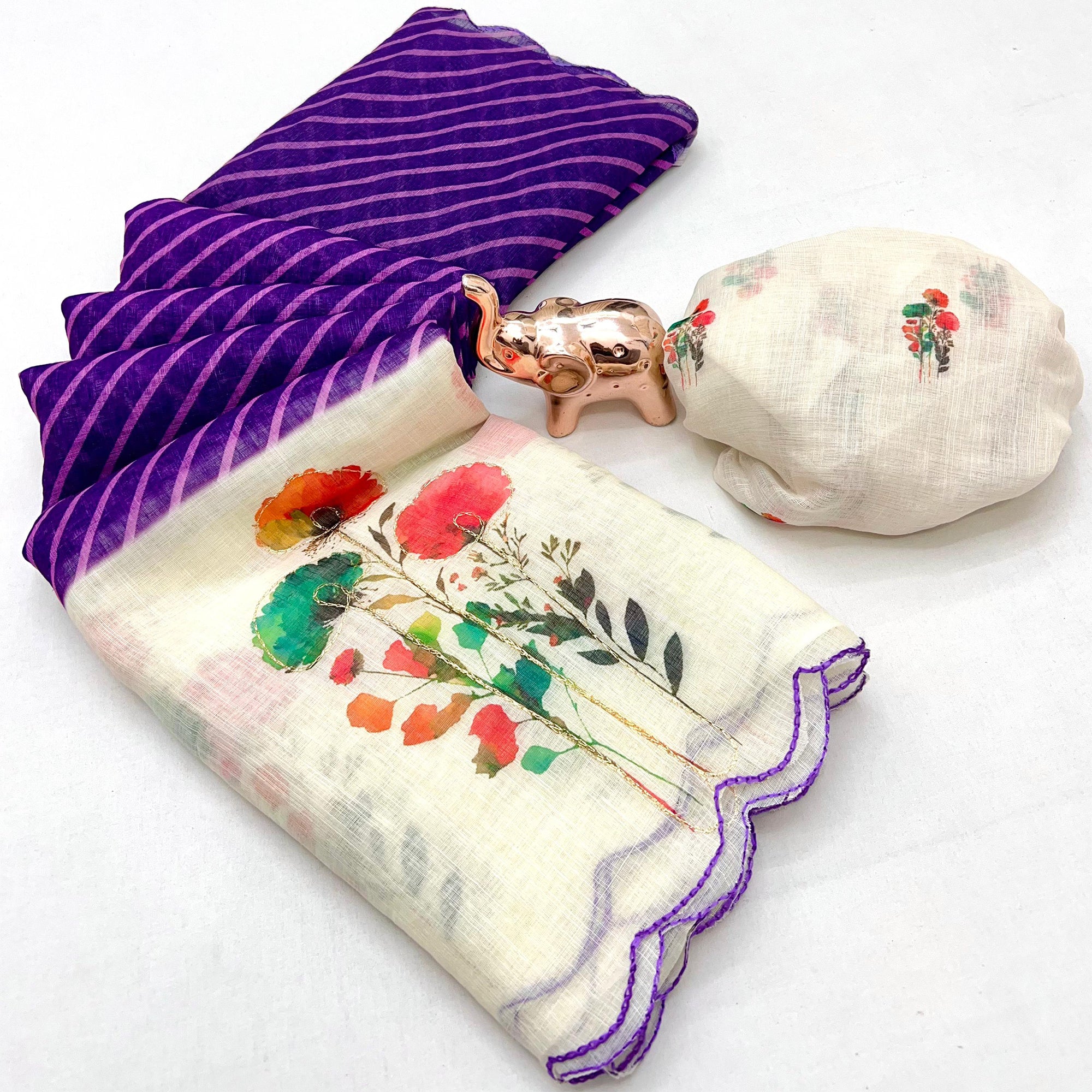 Sophisticated Purple Floral & Striped Digital Printed Linen Saree With Artistic Cutwork Border