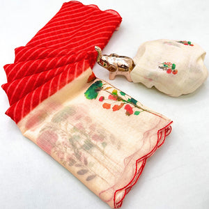 Sophisticated Red Floral & Striped Digital Printed Linen Saree With Artistic Cutwork Border