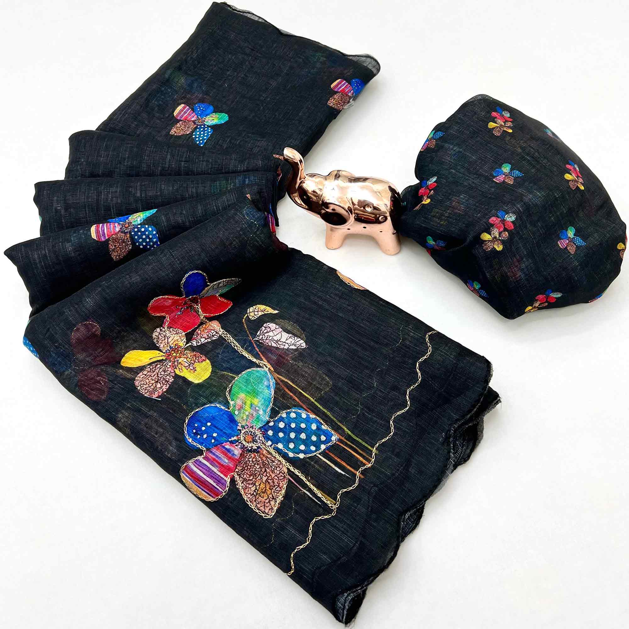 Black Linen Saree Featuring Floral Digital Print With Zari Outline & Cutwork Border