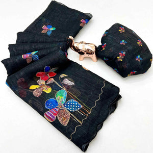 Black Linen Saree Featuring Floral Digital Print With Zari Outline & Cutwork Border