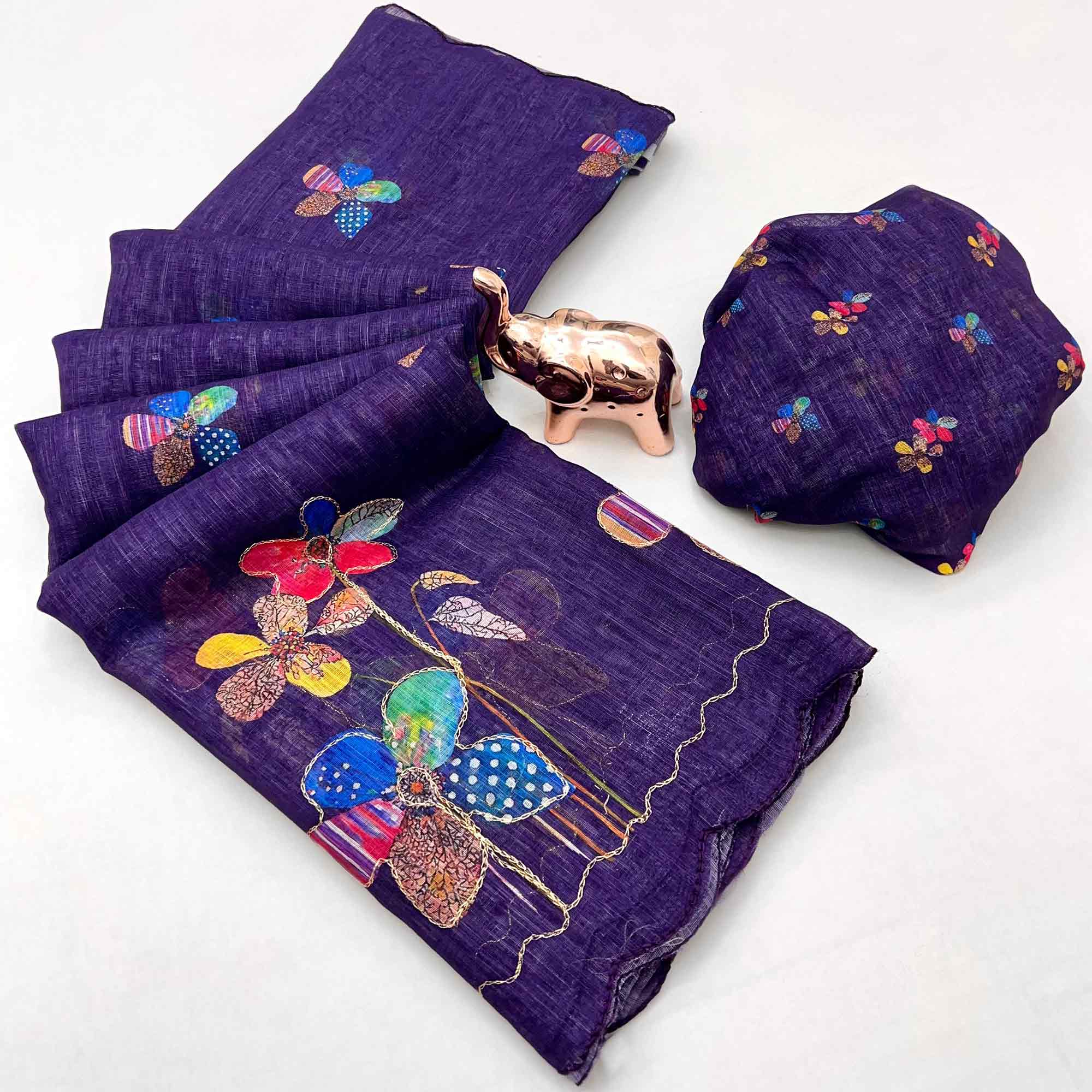 Purple Linen Saree Featuring Floral Digital Print With Zari Outline & Cutwork Border