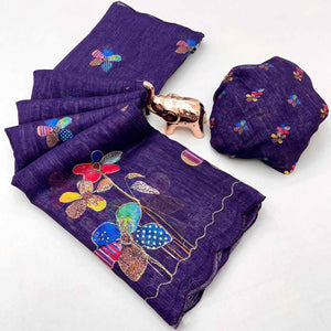 Purple Linen Saree Featuring Floral Digital Print With Zari Outline & Cutwork Border