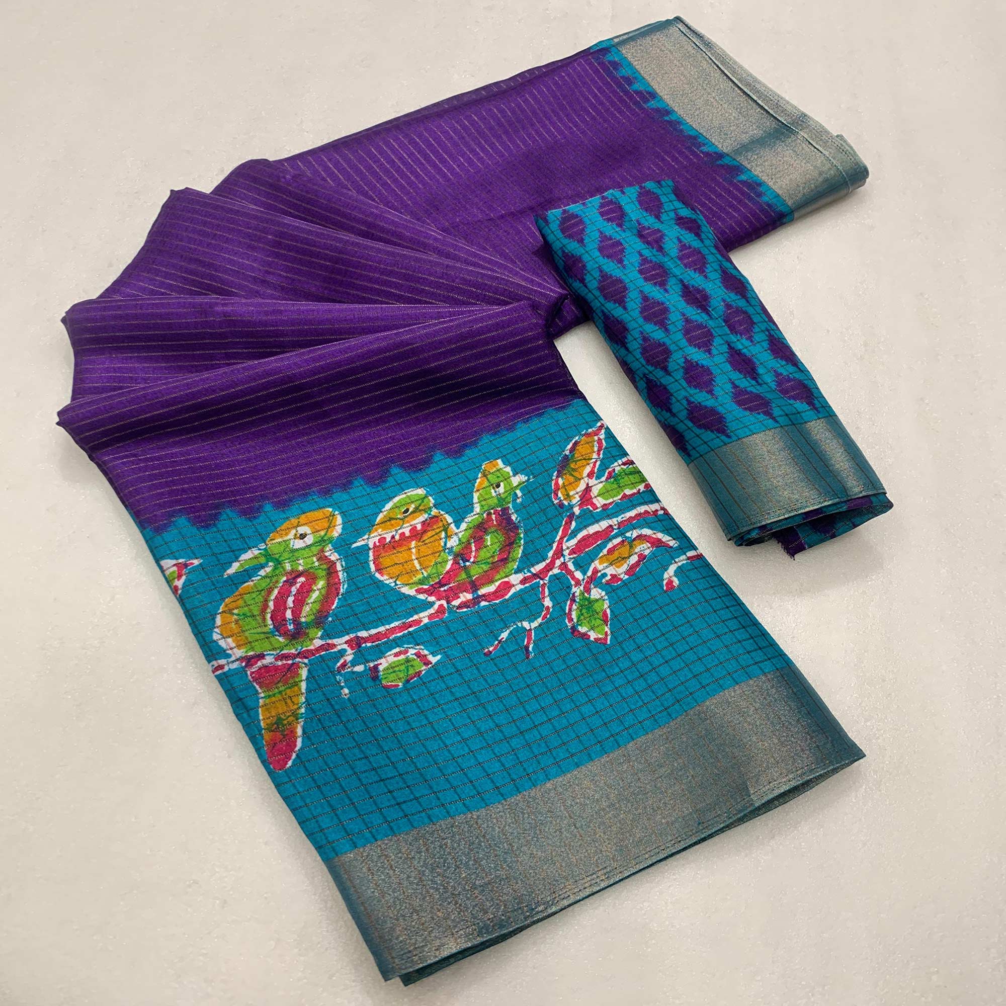 Purple Georgette Saree Adorned With Elegant Bird Embroidery