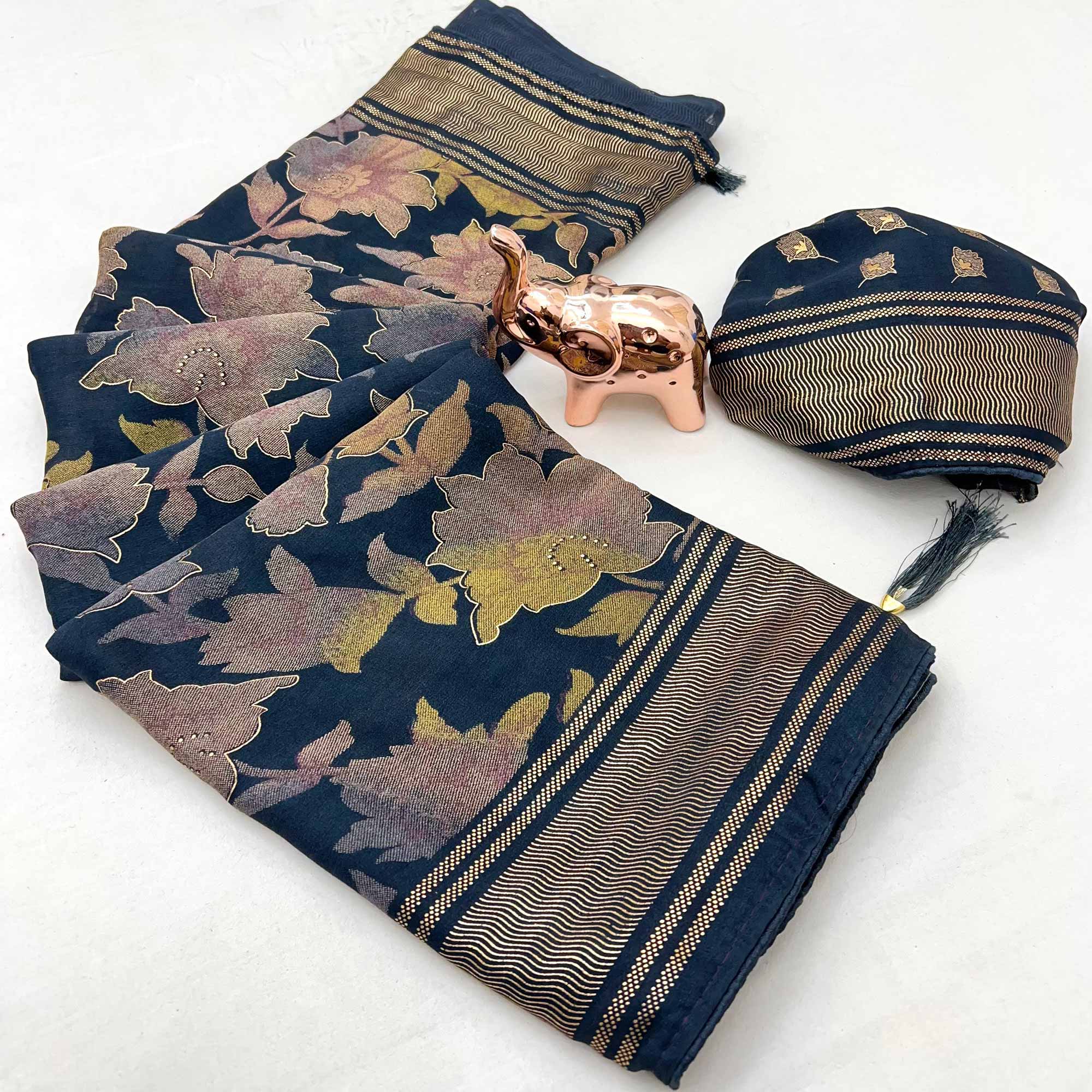 Blue Floral Foil Printed Georgette Saree With Tassels