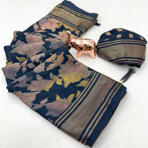 Blue Floral Foil Printed Georgette Saree With Tassels