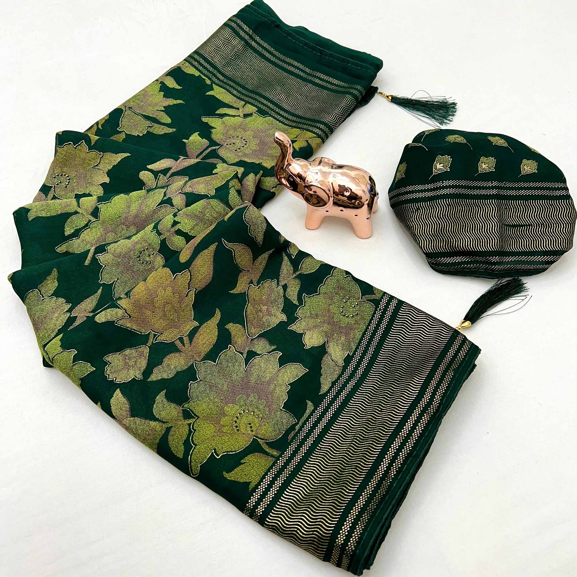 Green Floral Foil Printed Georgette Saree With Tassels