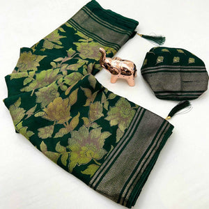 Green Floral Foil Printed Georgette Saree With Tassels