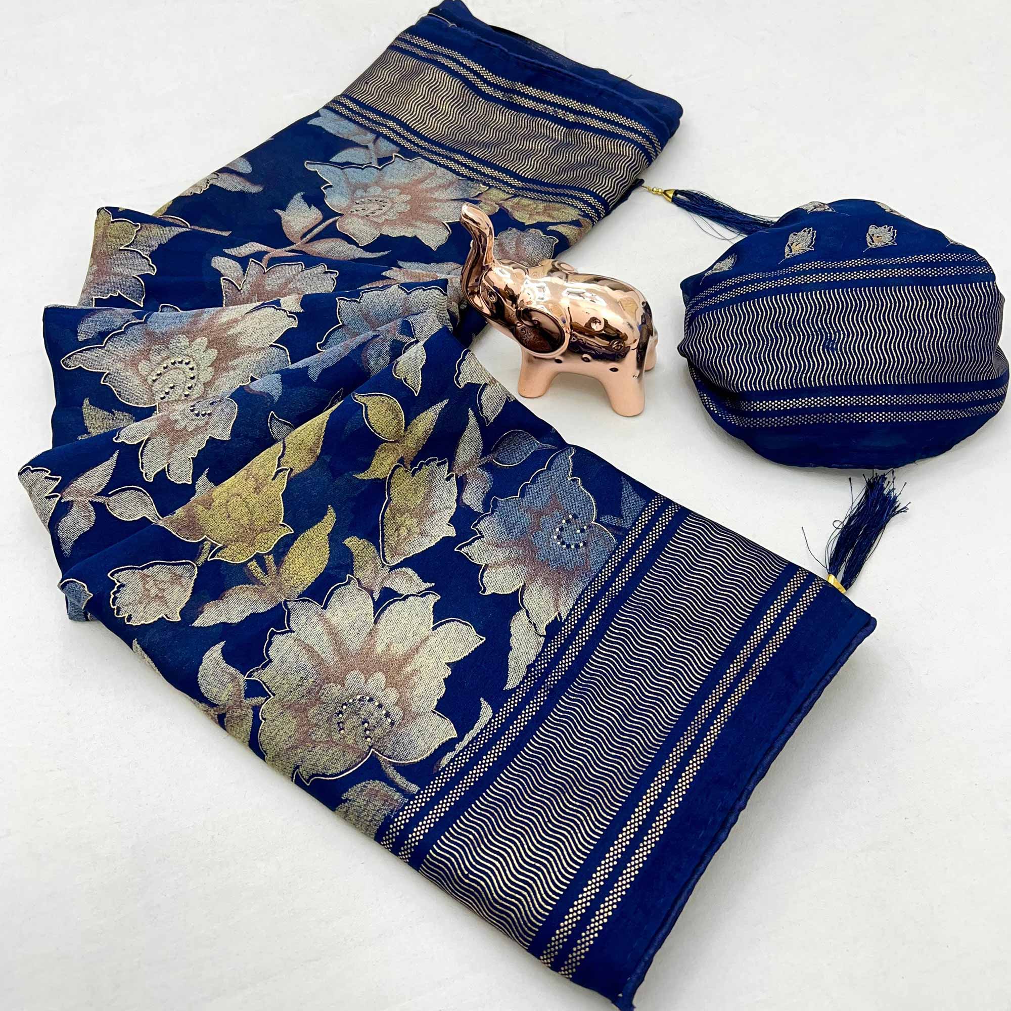 Navy Blue Floral Foil Printed Georgette Saree With Tassels