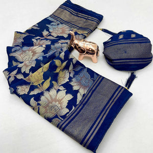 Navy Blue Floral Foil Printed Georgette Saree With Tassels