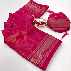 Pink Floral Foil Printed Georgette Saree With Tassels