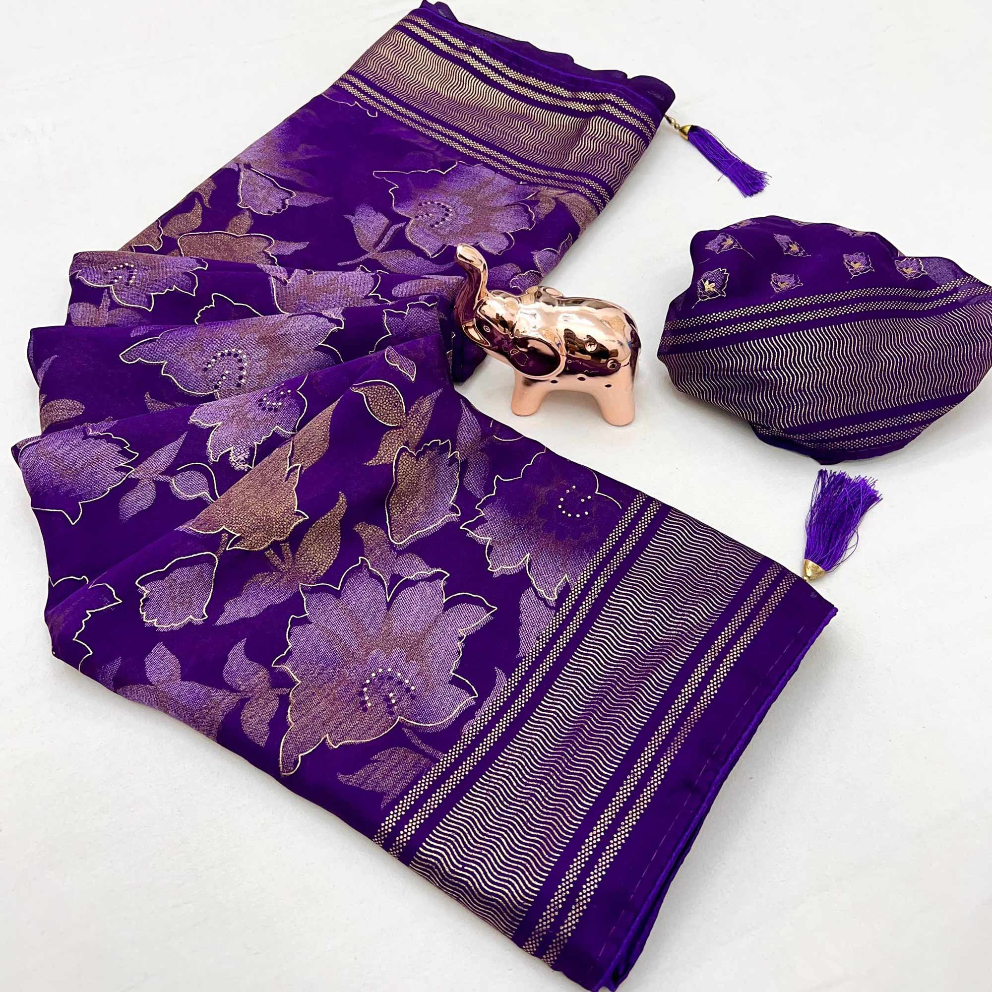 Violet Floral Foil Printed Georgette Saree With Tassels