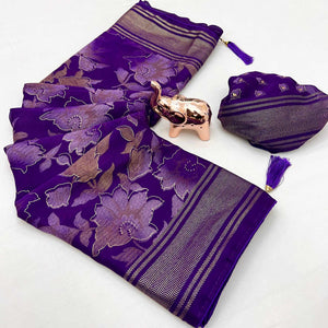 Violet Floral Foil Printed Georgette Saree With Tassels